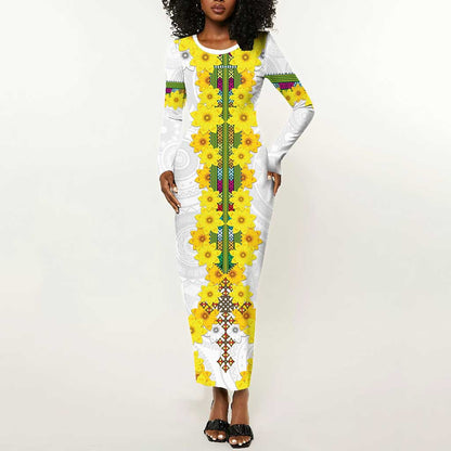 Enkutatash Ethiopia New Year Long Sleeve Bodycon Dress Tilet Pattern With Adey Abeba Flowers LT05