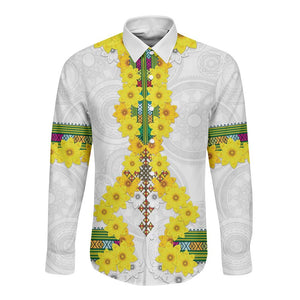 Enkutatash Ethiopia New Year Long Sleeve Button Shirt Tilet Pattern With Adey Abeba Flowers