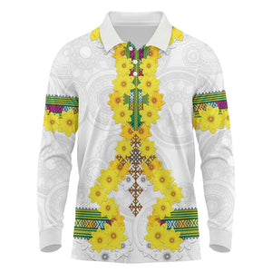 Enkutatash Ethiopia New Year Long Sleeve Polo Shirt Tilet Pattern With Adey Abeba Flowers