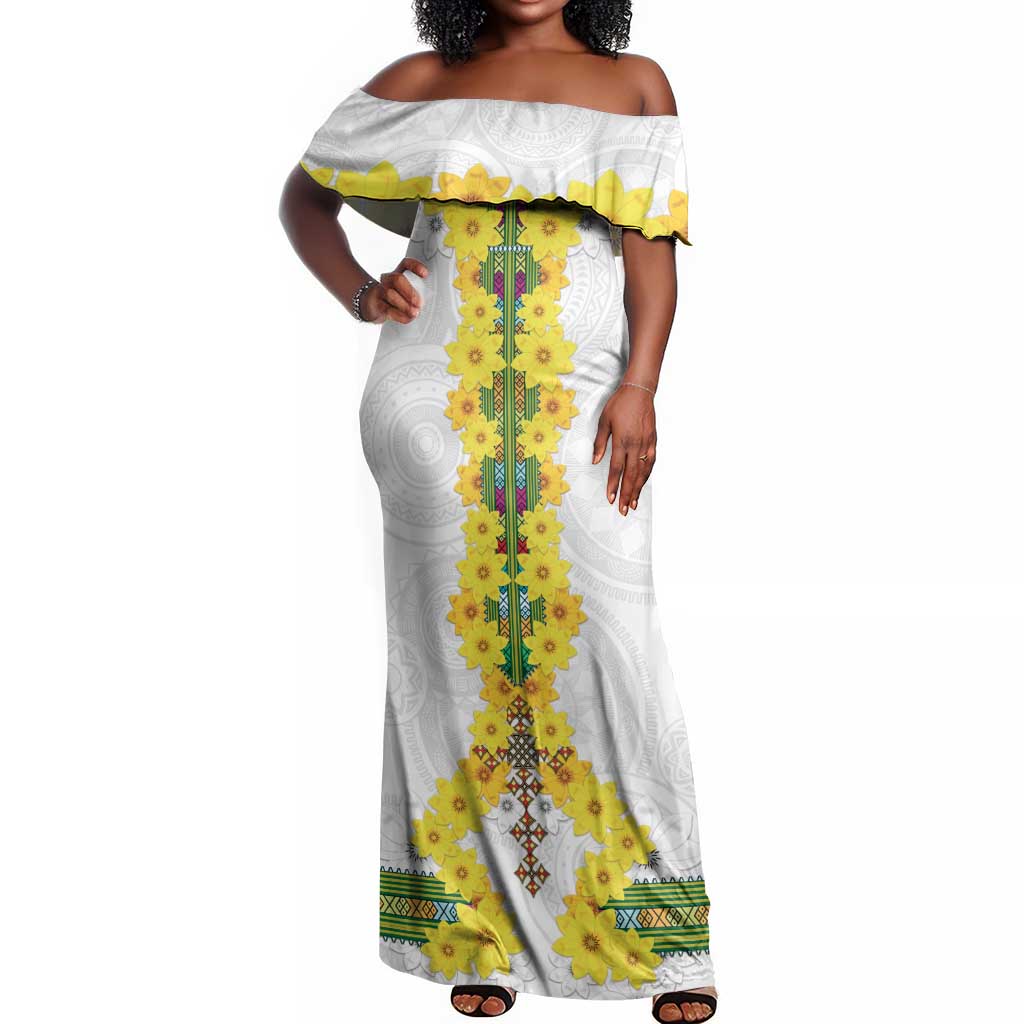 Enkutatash Ethiopia New Year Off Shoulder Maxi Dress Tilet Pattern With Adey Abeba Flowers