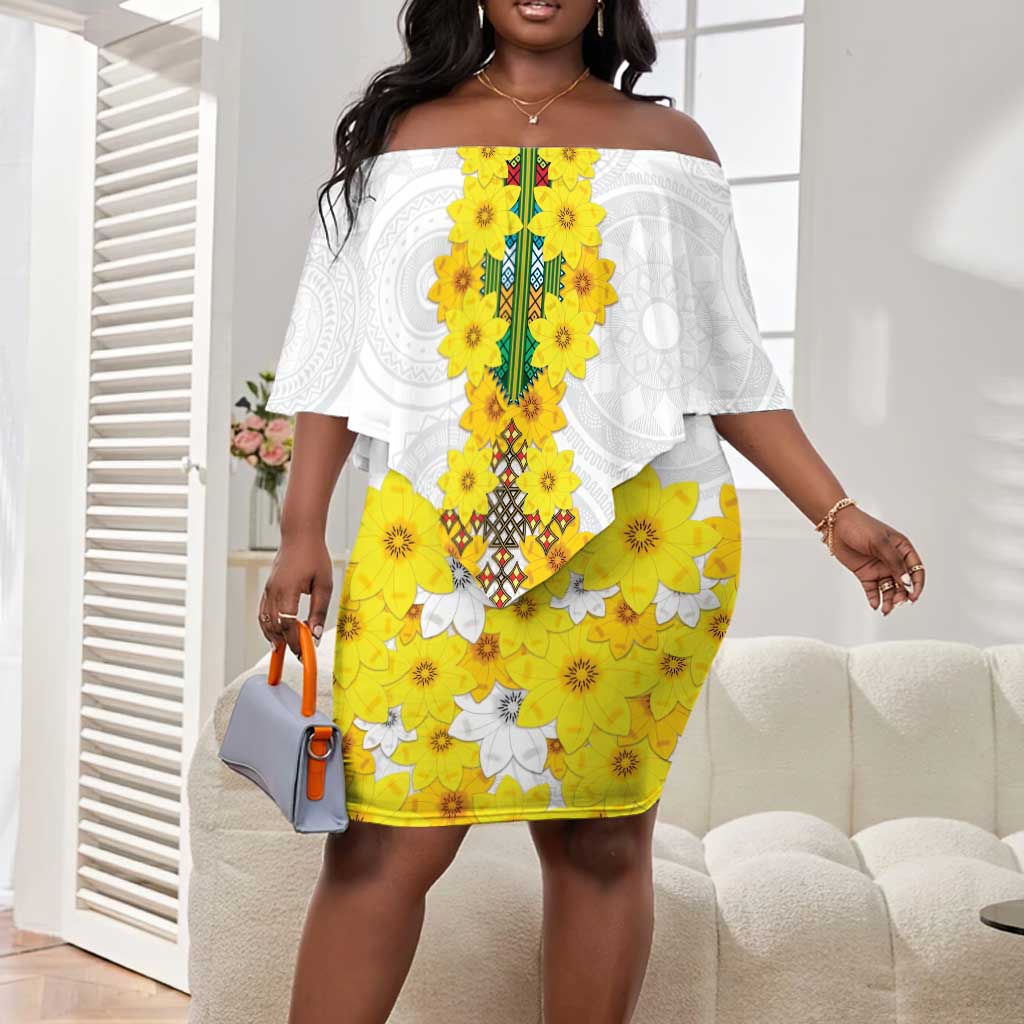 Enkutatash Ethiopia New Year Off Shoulder Short Dress Tilet Pattern With Adey Abeba Flowers LT05