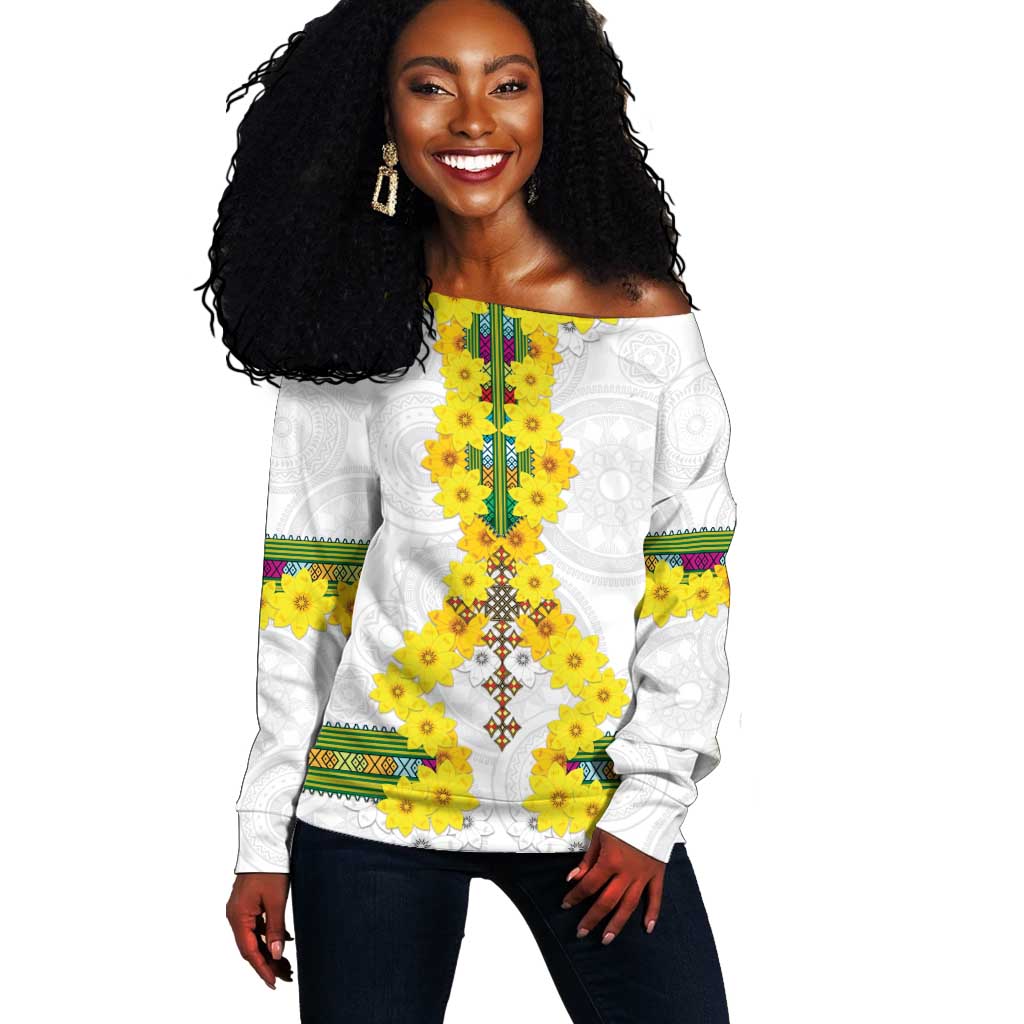 Enkutatash Ethiopia New Year Off Shoulder Sweater Tilet Pattern With Adey Abeba Flowers