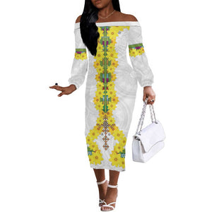 Enkutatash Ethiopia New Year Off The Shoulder Long Sleeve Dress Tilet Pattern With Adey Abeba Flowers