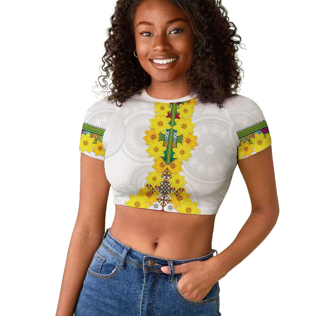 Enkutatash Ethiopia New Year Raglan Cropped T shirt Tilet Pattern With Adey Abeba Flowers