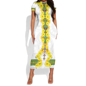 Enkutatash Ethiopia New Year Short Sleeve Bodycon Dress Tilet Pattern With Adey Abeba Flowers