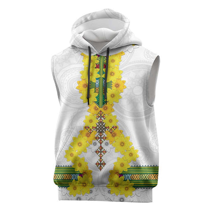 Enkutatash Ethiopia New Year Sleeveless Hoodie Tilet Pattern With Adey Abeba Flowers - African Pride