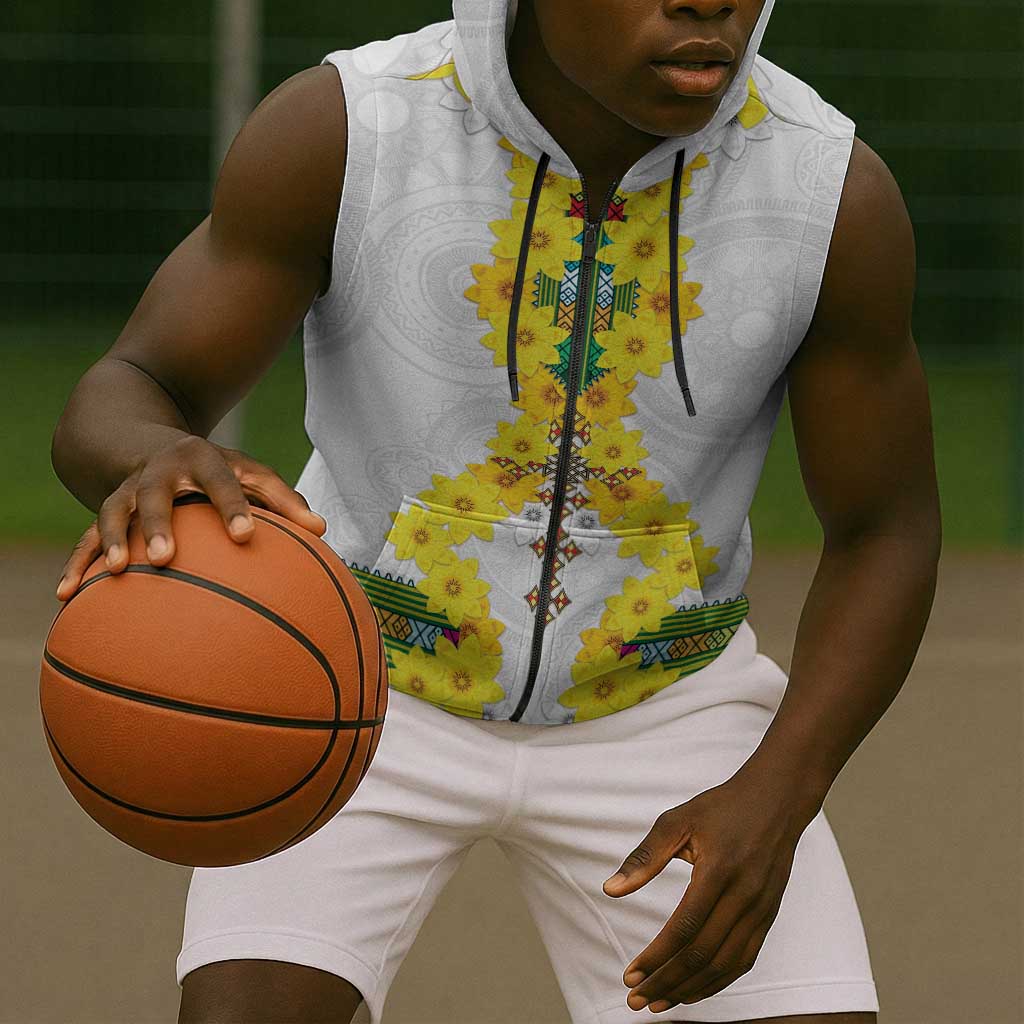 Enkutatash Ethiopia New Year Sleeveless Zip Hoodie Tilet Pattern With Adey Abeba Flowers - African Pride