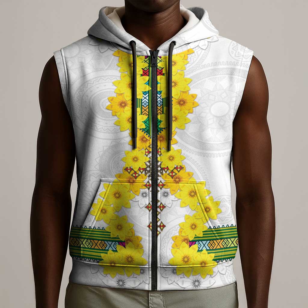 Enkutatash Ethiopia New Year Sleeveless Zip Hoodie Tilet Pattern With Adey Abeba Flowers - African Pride