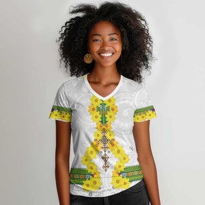 Enkutatash Ethiopia New Year Women V-Neck T-Shirt Tilet Pattern With Adey Abeba Flowers