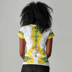 Enkutatash Ethiopia New Year Women V-Neck T-Shirt Tilet Pattern With Adey Abeba Flowers