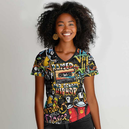 Raised On Hip Hop Women V-Neck T-Shirt Graffiti Art Style - African Pride