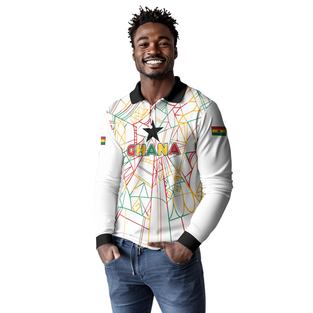 Custom Ghana Football 2026 Long Sleeve Polo Shirt Black Stars Never Fall White Version