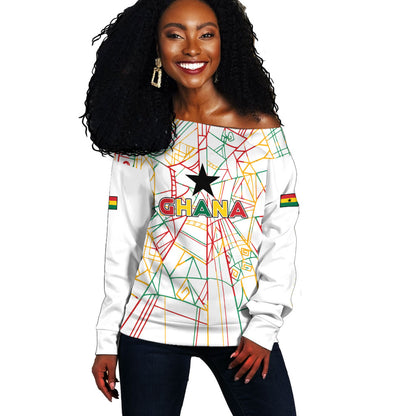 Custom Ghana Football 2026 Off Shoulder Sweater Black Stars Never Fall White Version