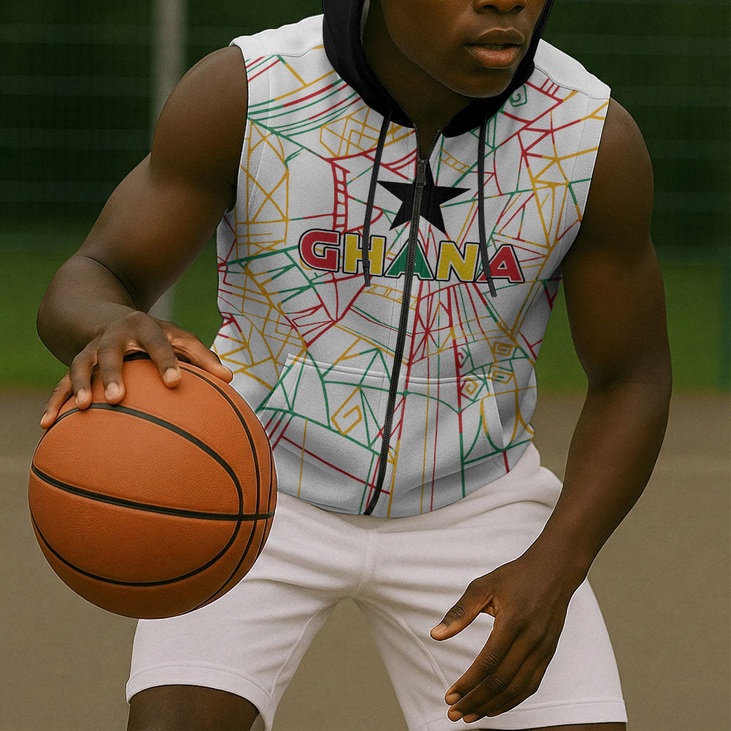 Custom Ghana Football 2026 Sleeveless Zip Hoodie Black Stars Never Fall White Version