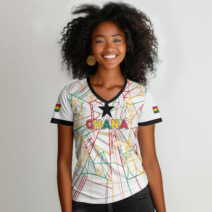 Custom Ghana Football 2026 Women V-Neck T-Shirt Black Stars Never Fall White Version