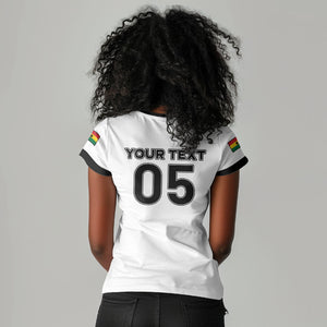 Custom Ghana Football 2026 Women V-Neck T-Shirt Black Stars Never Fall White Version