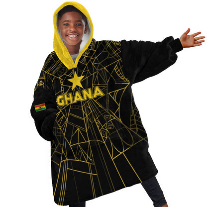 Custom Ghana Football 2026 Kid Wearable Blanket Hoodie Black Stars Never Fall Black Version