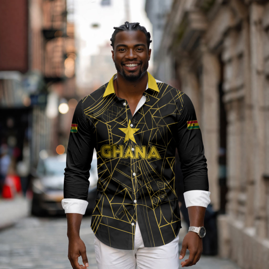 Custom Ghana Football 2026 Long Sleeve Button Shirt Black Stars Never Fall Black Version