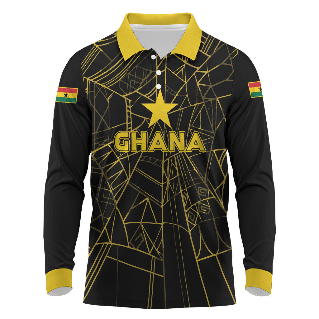Custom Ghana Football 2026 Long Sleeve Polo Shirt Black Stars Never Fall Black Version
