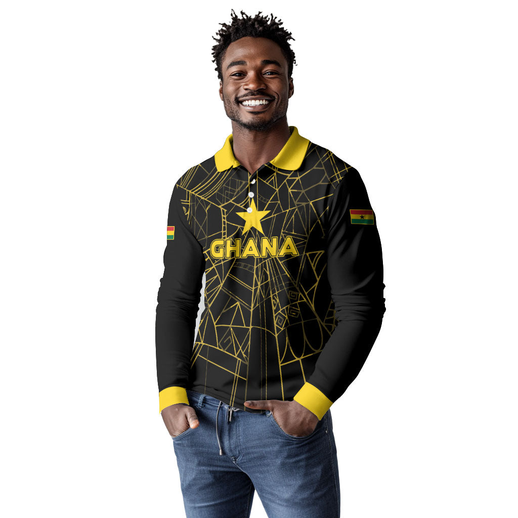 Custom Ghana Football 2026 Long Sleeve Polo Shirt Black Stars Never Fall Black Version