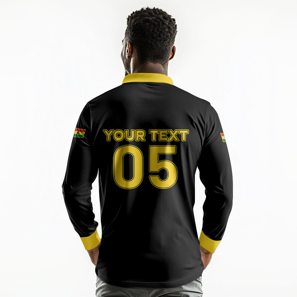 Custom Ghana Football 2026 Long Sleeve Polo Shirt Black Stars Never Fall Black Version