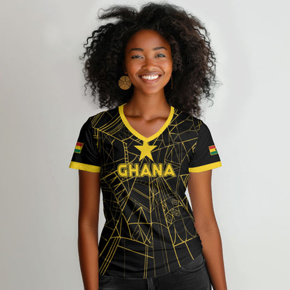 Custom Ghana Football 2026 Women V-Neck T-Shirt Black Stars Never Fall Black Version
