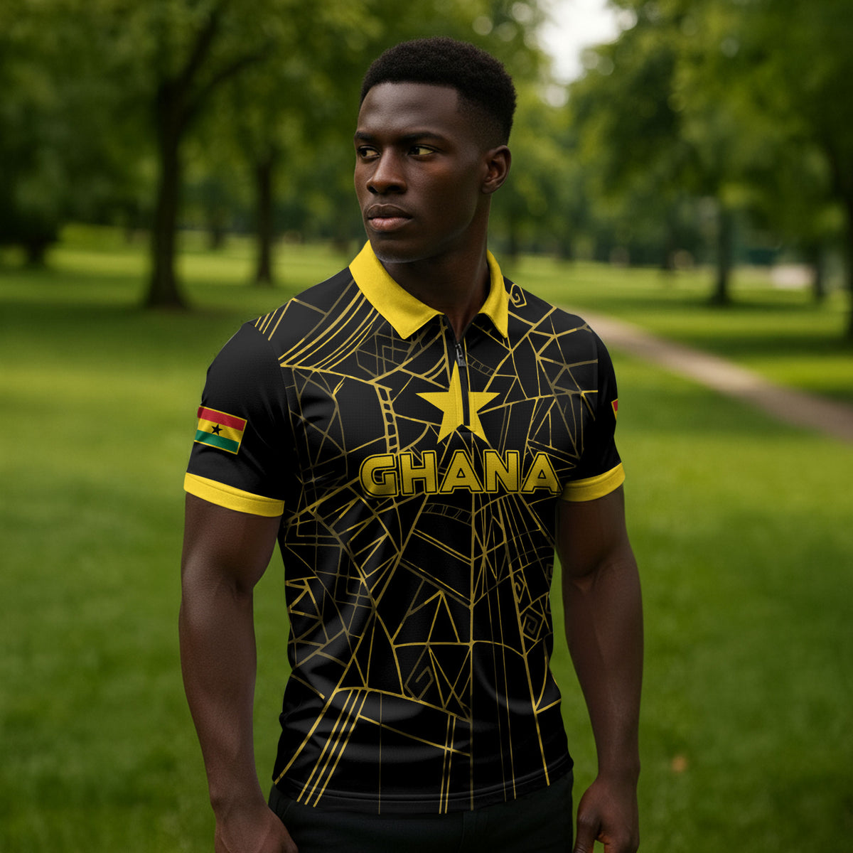 Custom Ghana Football 2026 Zipper Polo Shirt Black Stars Never Fall Black Version