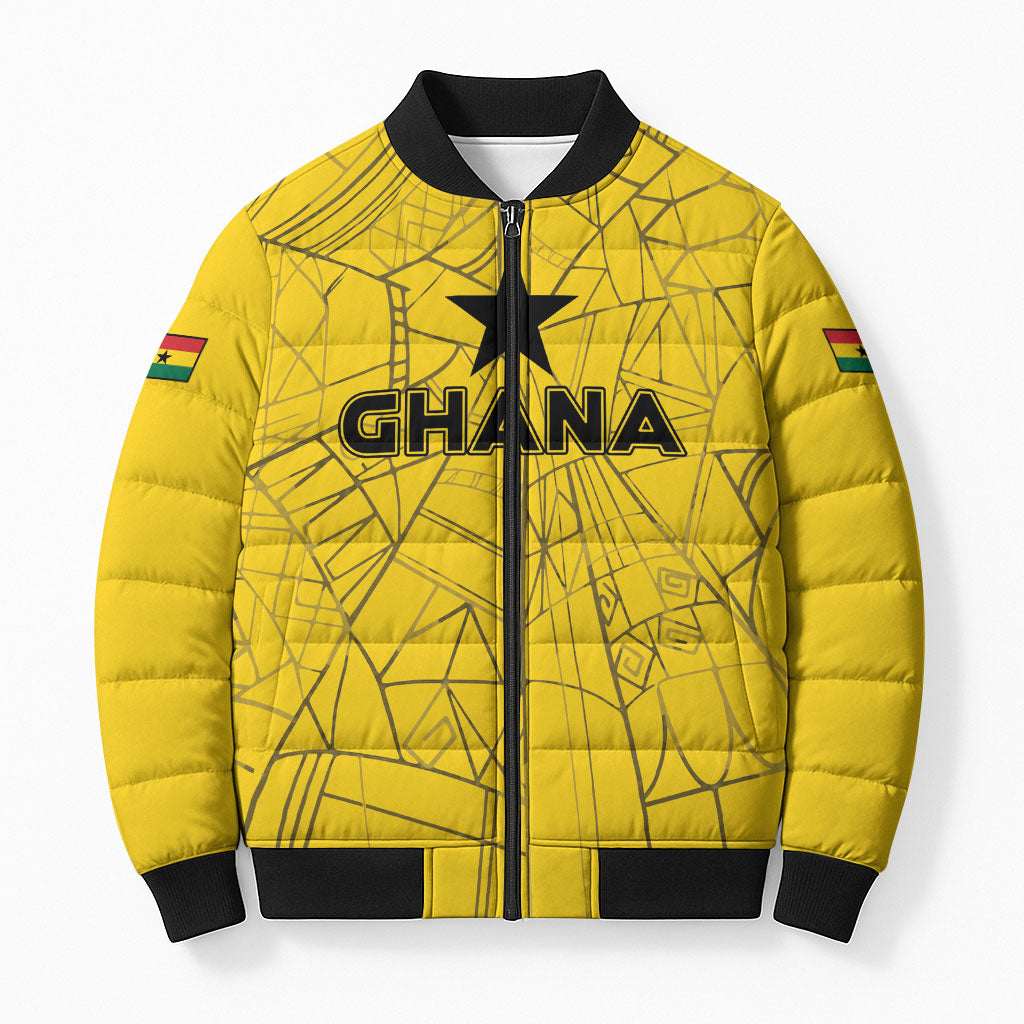 Custom Ghana Football 2026 Bomber Puffer Jacket Black Stars Never Fall Yellow Version
