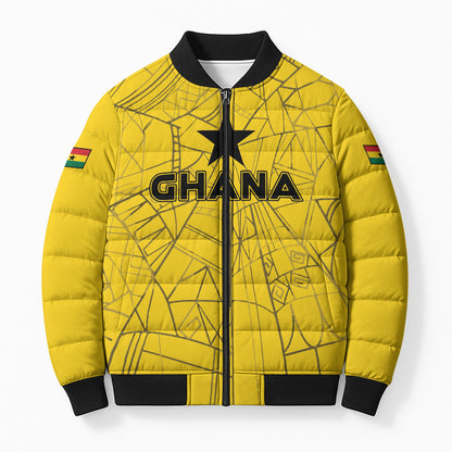 Custom Ghana Football 2026 Bomber Puffer Jacket Black Stars Never Fall Yellow Version