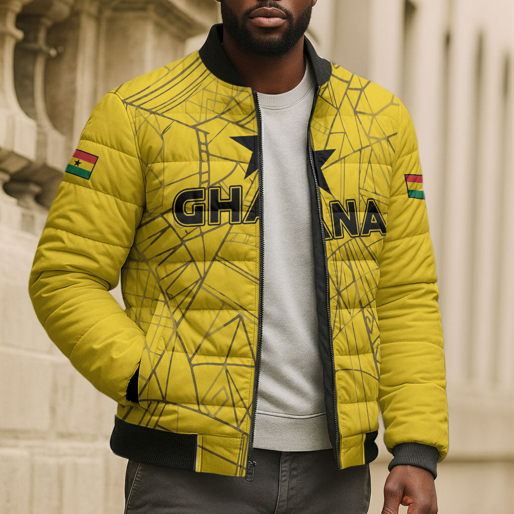 Custom Ghana Football 2026 Bomber Puffer Jacket Black Stars Never Fall Yellow Version