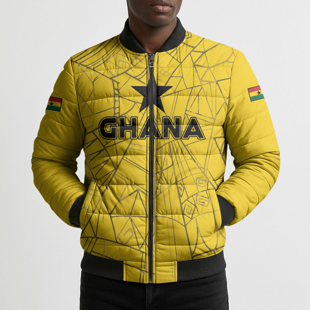 Custom Ghana Football 2026 Bomber Puffer Jacket Black Stars Never Fall Yellow Version