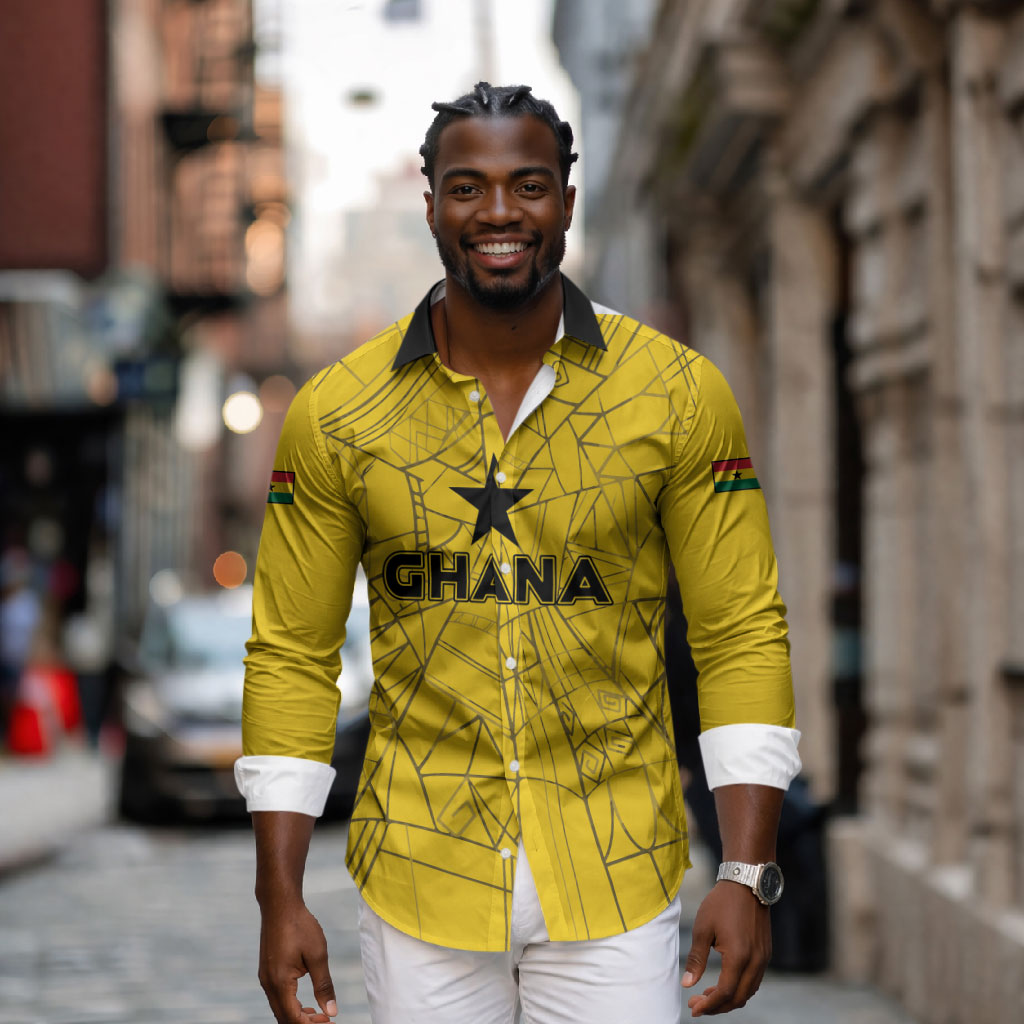 Custom Ghana Football 2026 Long Sleeve Button Shirt Black Stars Never Fall Yellow Version