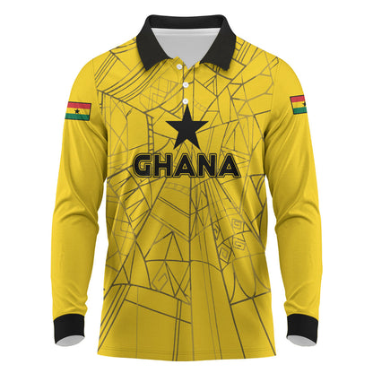 Custom Ghana Football 2026 Long Sleeve Polo Shirt Black Stars Never Fall Yellow Version