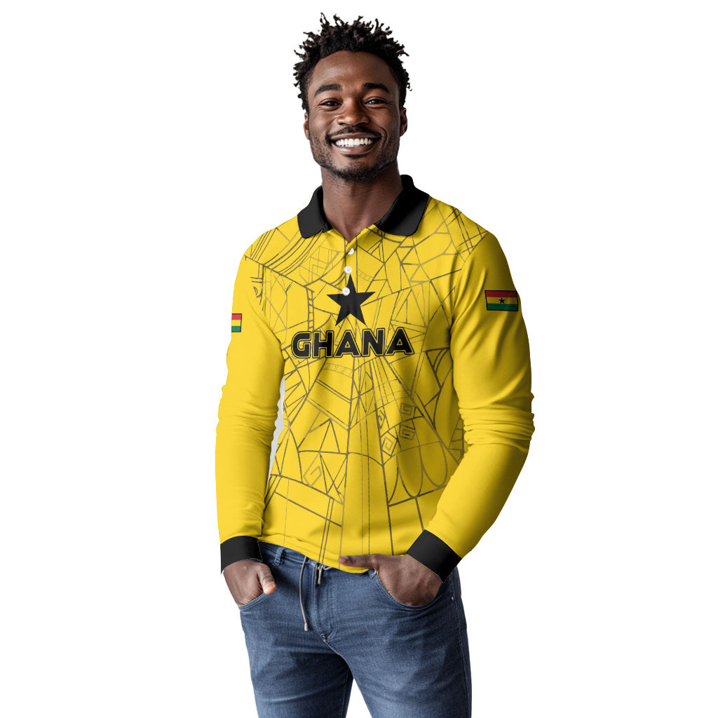 Custom Ghana Football 2026 Long Sleeve Polo Shirt Black Stars Never Fall Yellow Version