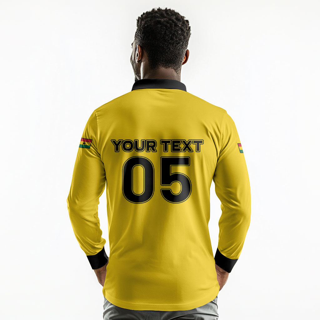 Custom Ghana Football 2026 Long Sleeve Polo Shirt Black Stars Never Fall Yellow Version
