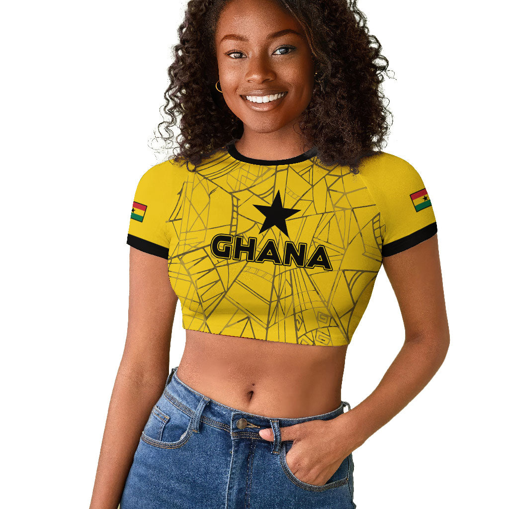 Custom Ghana Football 2026 Raglan Cropped T shirt Black Stars Never Fall Yellow Version