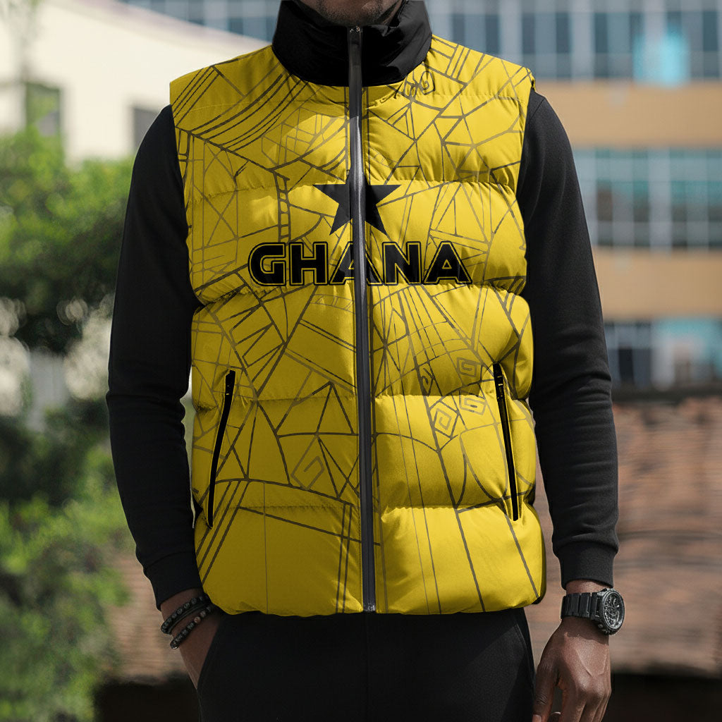 Custom Ghana Football 2026 Sleeveless Puffer Jacket Black Stars Never Fall Yellow Version