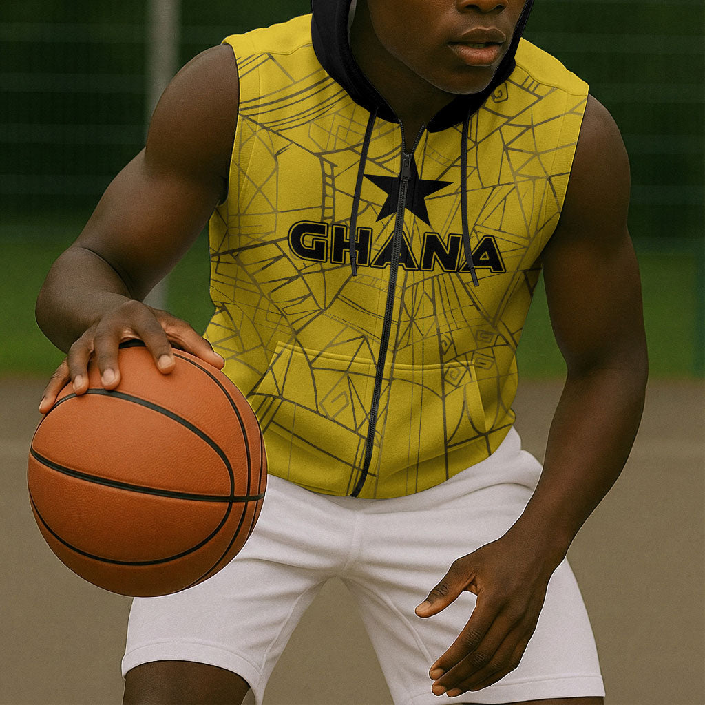 Custom Ghana Football 2026 Sleeveless Zip Hoodie Black Stars Never Fall Yellow Version