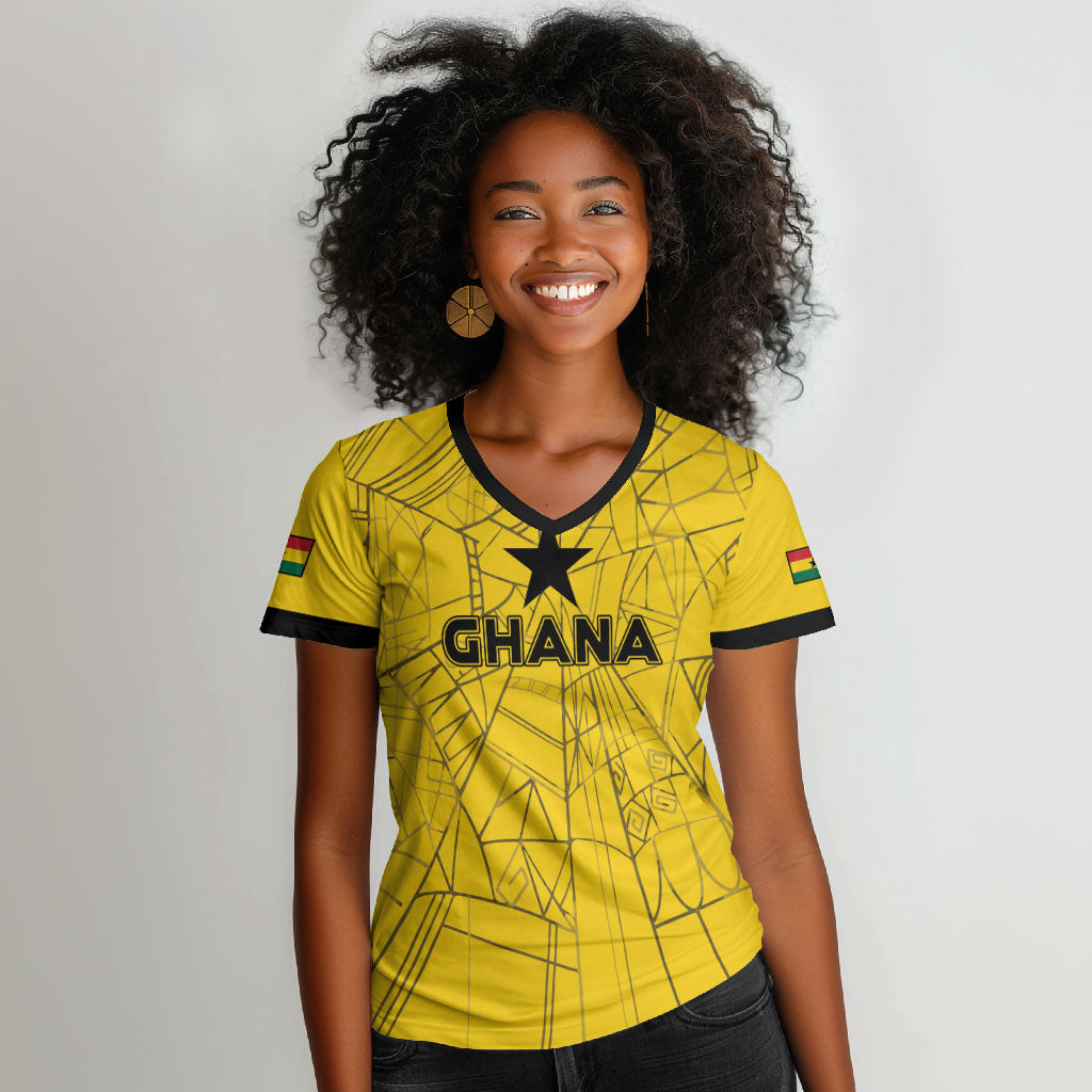 Custom Ghana Football 2026 Women V-Neck T-Shirt Black Stars Never Fall Yellow Version