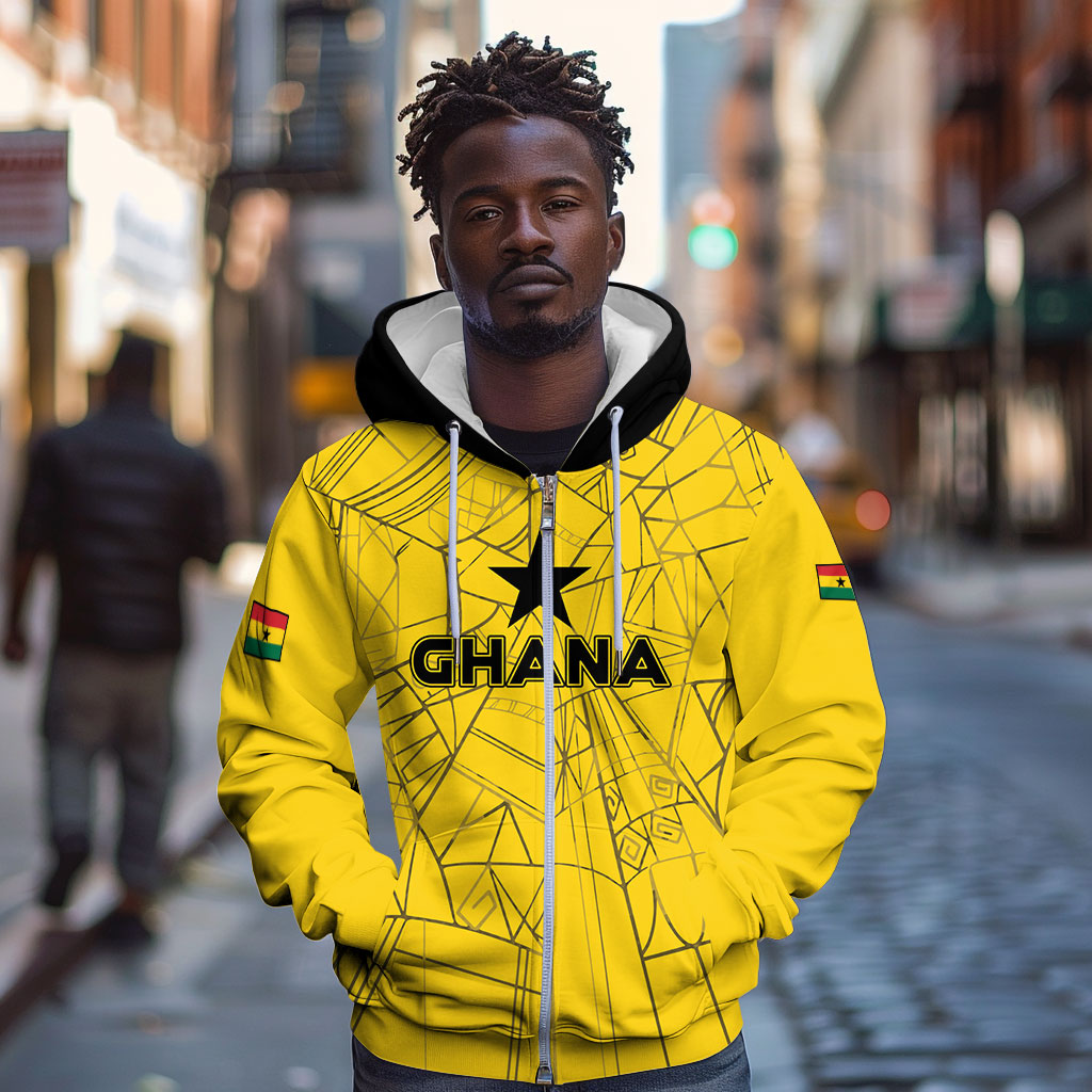 Custom Ghana Football 2026 Zip Hoodie Black Stars Never Fall Yellow Version