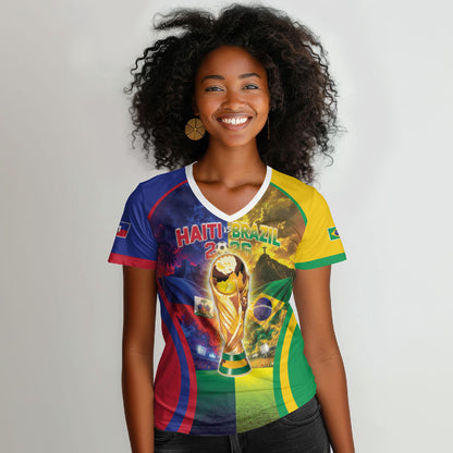 Custom Brazil Haiti 2026 World Football Women V-Neck T-Shirt Go For Glory