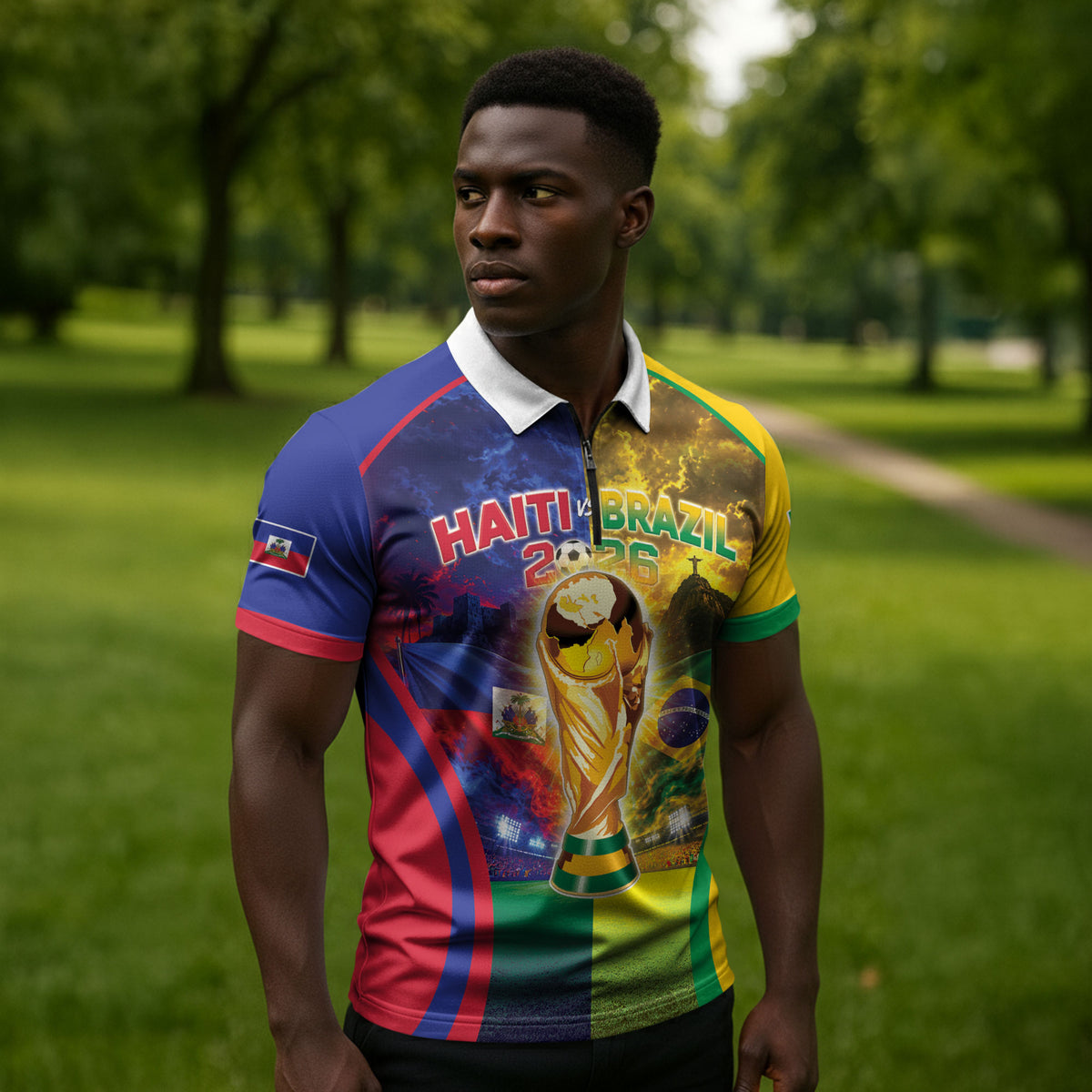 Custom Brazil Haiti 2026 World Football Zipper Polo Shirt Go For Glory