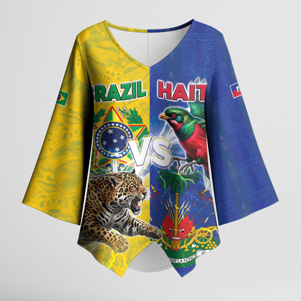 Custom Brazil And Haiti Football Kimono Sleeve Blouse Jaguar With Kanson Wouj Special Style