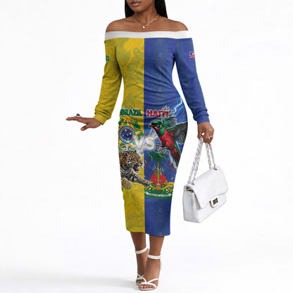 Custom Brazil And Haiti Football Off The Shoulder Long Sleeve Dress Jaguar With Kanson Wouj Special Style