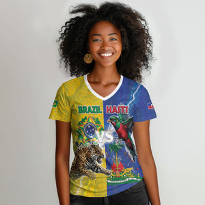 Custom Brazil And Haiti Football Women V-Neck T-Shirt Jaguar With Kanson Wouj Special Style