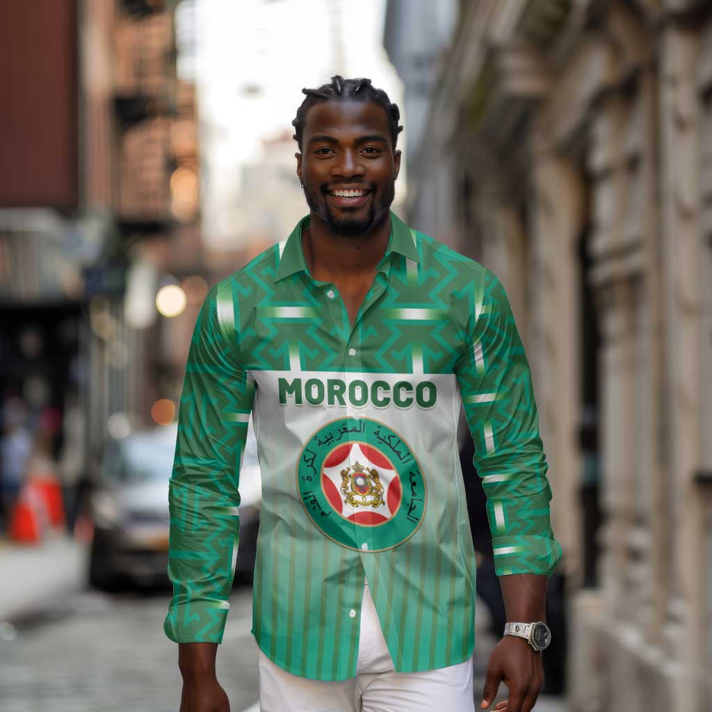 Custom Morocco Football Long Sleeve Button Shirt 1994 Retro Green Version - African Pride