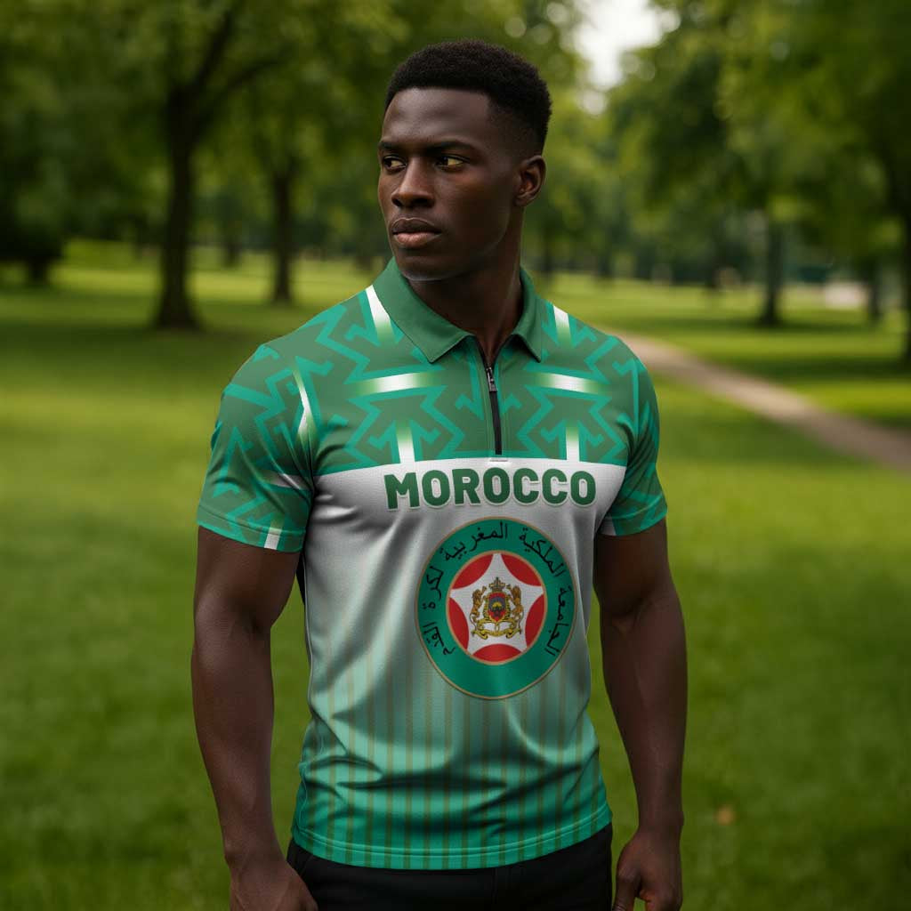 Custom Morocco Football Zipper Polo Shirt 1994 Retro Green Version - African Pride