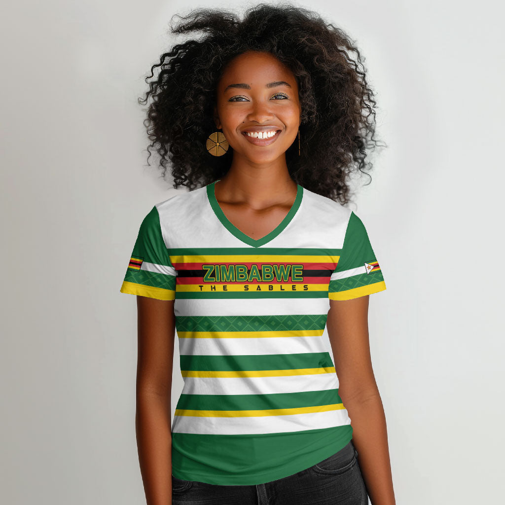 Zimbabwe Rugby Custom Women V-Neck T-Shirt Sables National Pride
