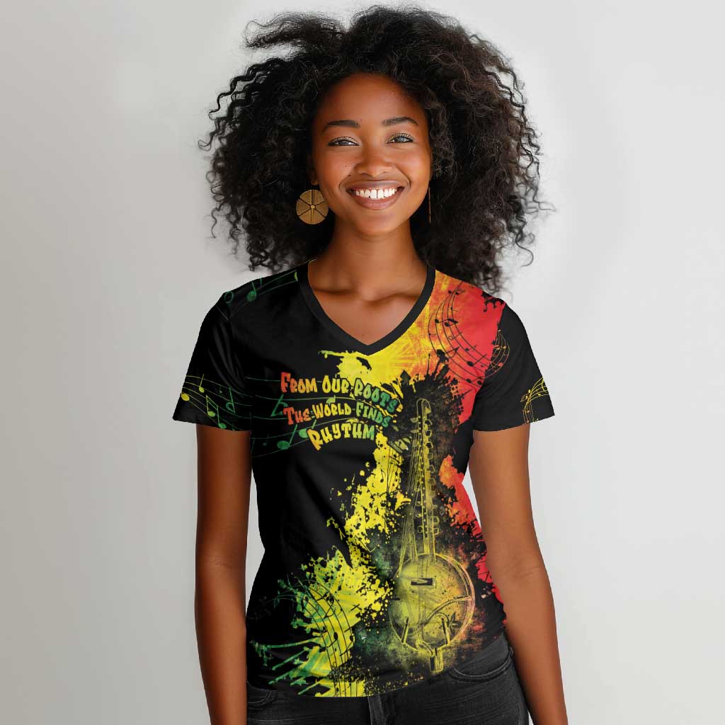 Afro Music Pride Women V-Neck T-Shirt From Our Roots The World Finds Rhythm - African Pride