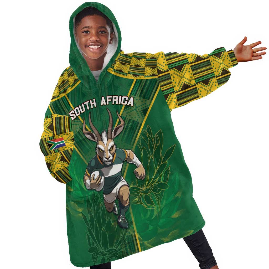 Custom South Africa Rugby 2024 KId Wearable Blanket Hoodie Go Bokke African Pattern